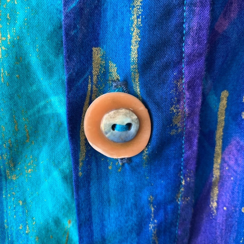 Abstract Art-To-Wear Blue Purple Button Front Artsy Boho Blouse - Picture 6 of 11